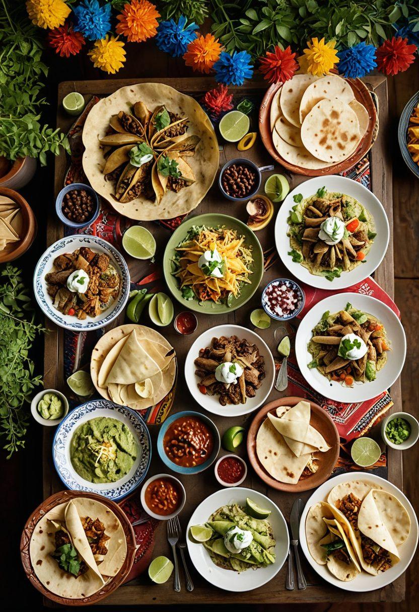 A vibrant Mexican dining scene featuring a beautifully set table with colorful traditional dishes like tacos, guacamole, and tamales. Add decorative papel picado banners overhead and a rustic hacienda backdrop with warm lighting. Include people enjoying the food, surrounded by lush plants and festive decorations, conveying a sense of celebration and culture. super-realistic. vibrant colors. 3D.