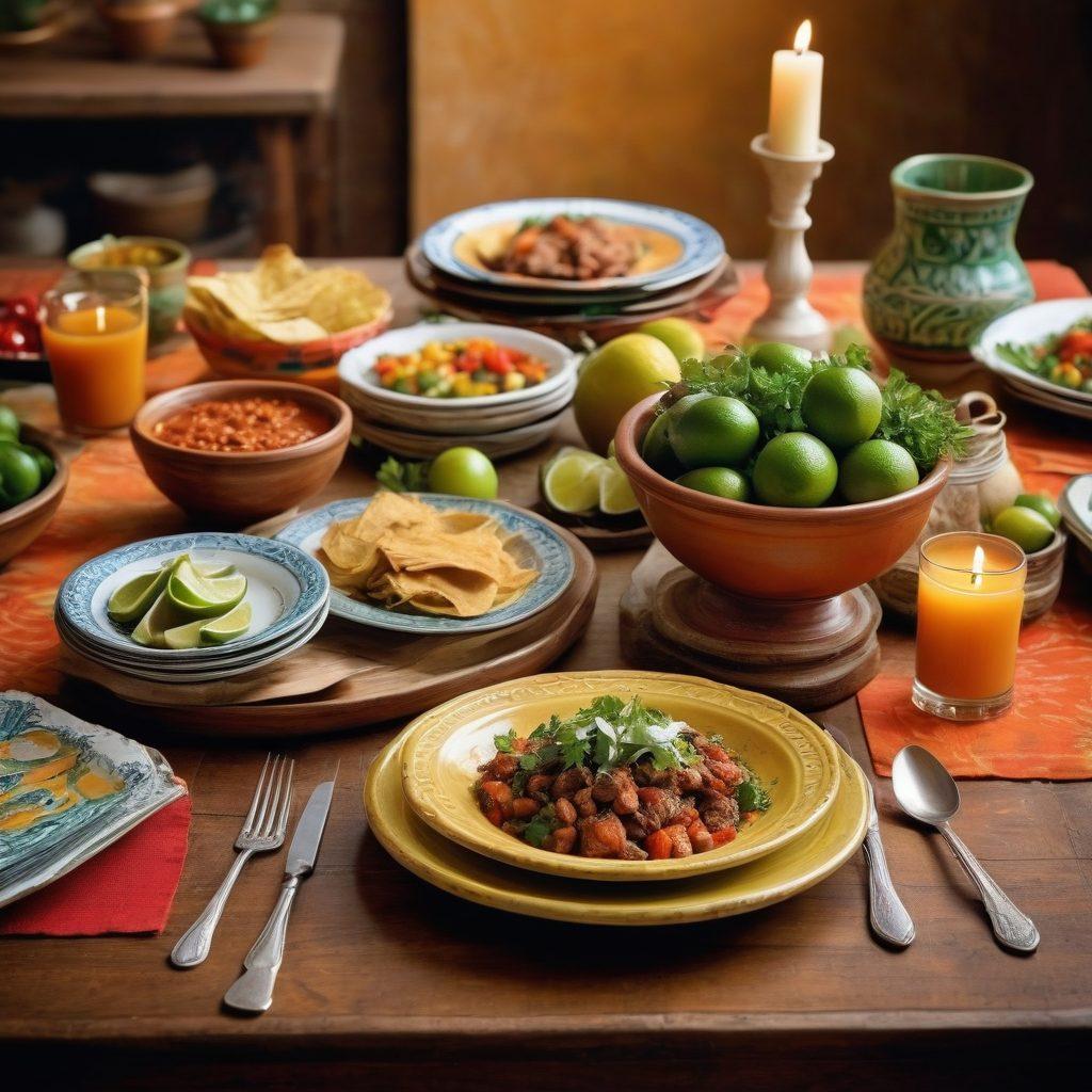 A beautifully arranged table setting featuring an array of vibrant, mouth-watering dishes representing La Hacienda's culinary delights, with rich colors and intricate details. Include traditional Mexican elements like colorful ceramics and fresh ingredients. Soft lighting to create an inviting atmosphere that evokes a sense of warmth and welcoming. super-realistic. vibrant colors. rustic background.